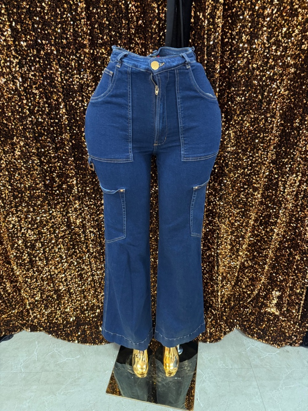High-Waist Navy Flare Cargo Jeans for Women
